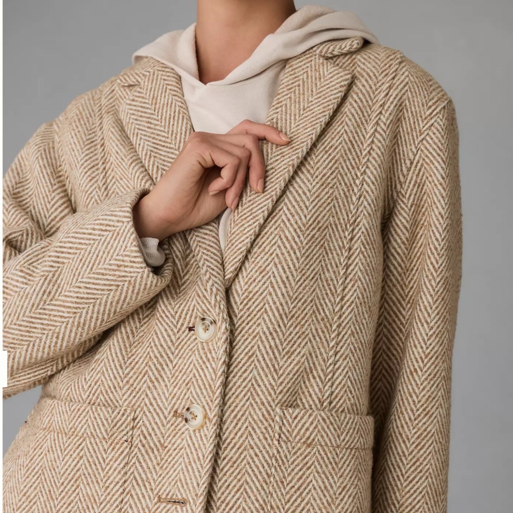 Pilcro from Anthropologie Brushed Herringbone Blazer Size Medium Cream and Beige - Picture 3 of 16